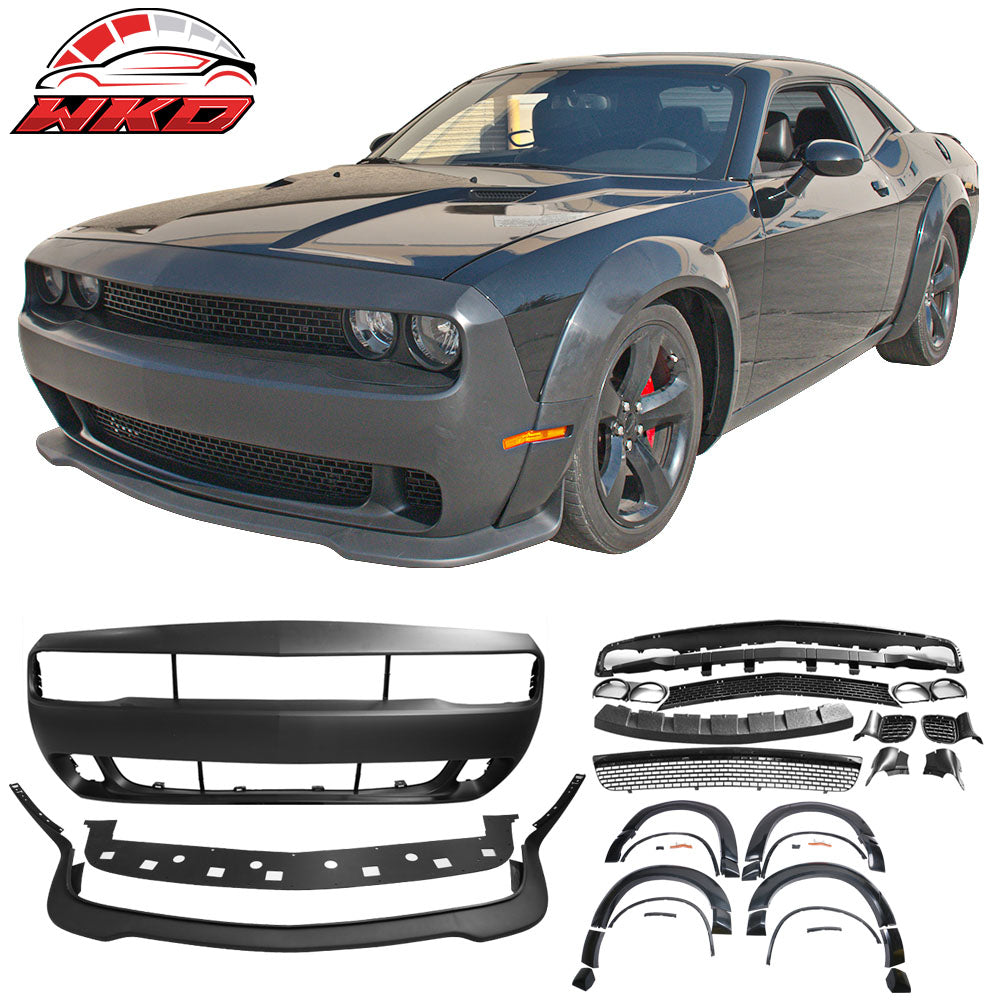 Fits 08-14 Dodge Challenger Front Bumper Cover + SRT Lip + Fender Flares PP