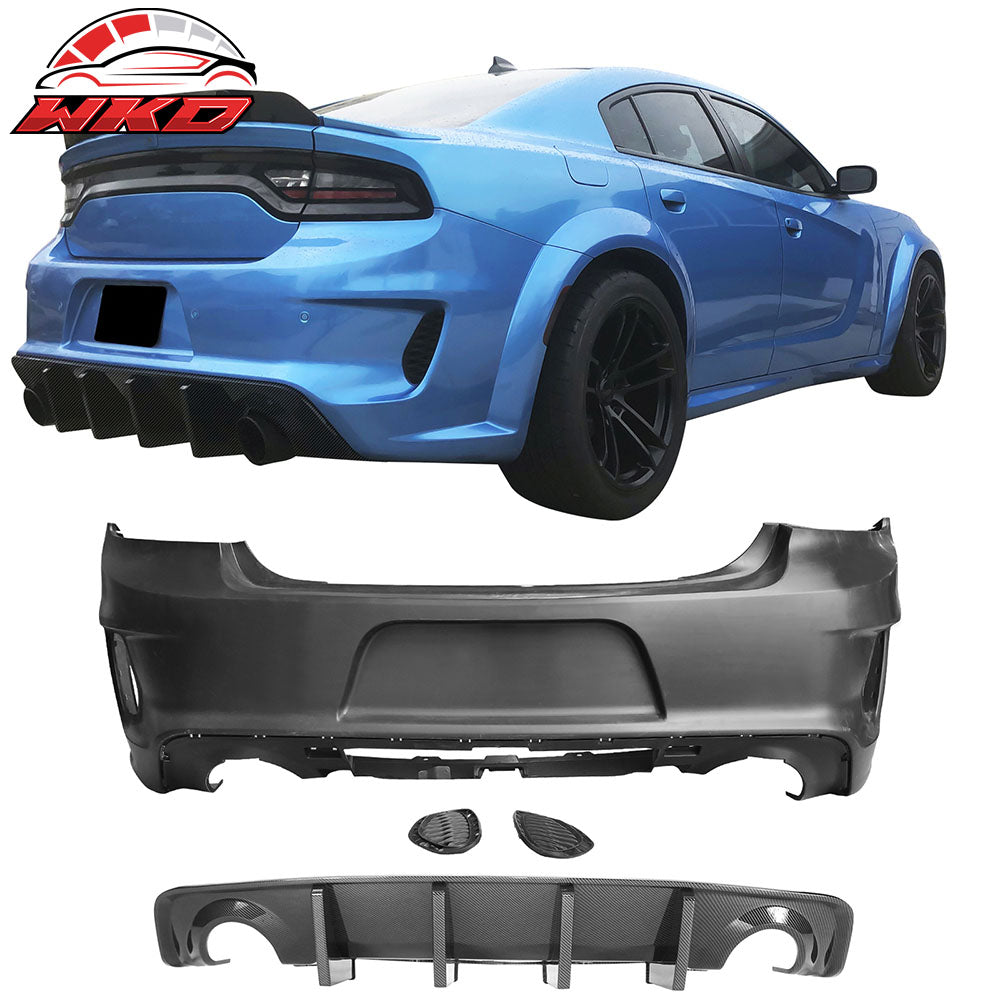 Fits 20-23 Charger Widebody Bumper Cover + Carbon Fiber Print Diffuser W/ 4 Fin