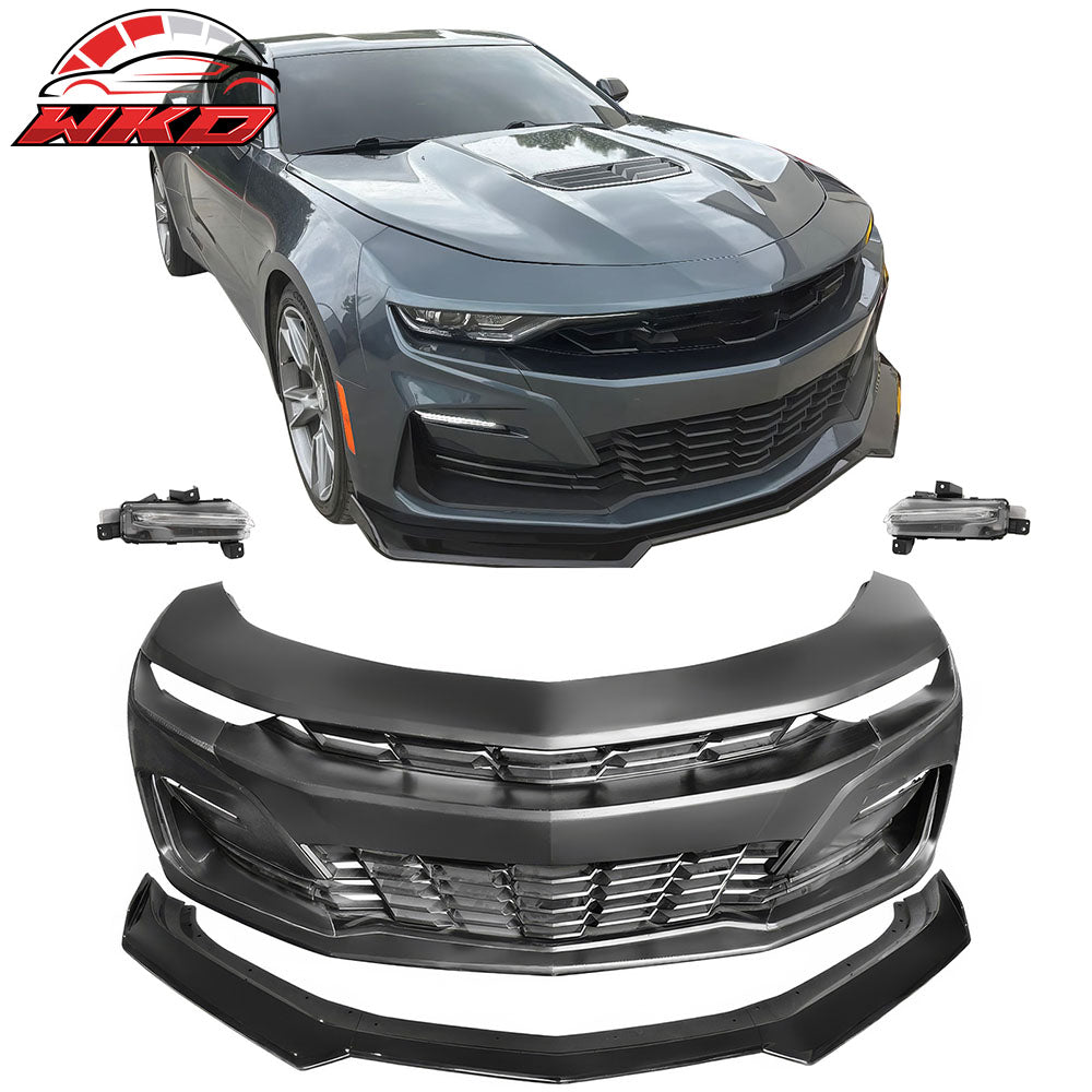 For 19-24 Camaro SS Style PP Front Bumper Cover Conversion DRL + Gloss Black Lip