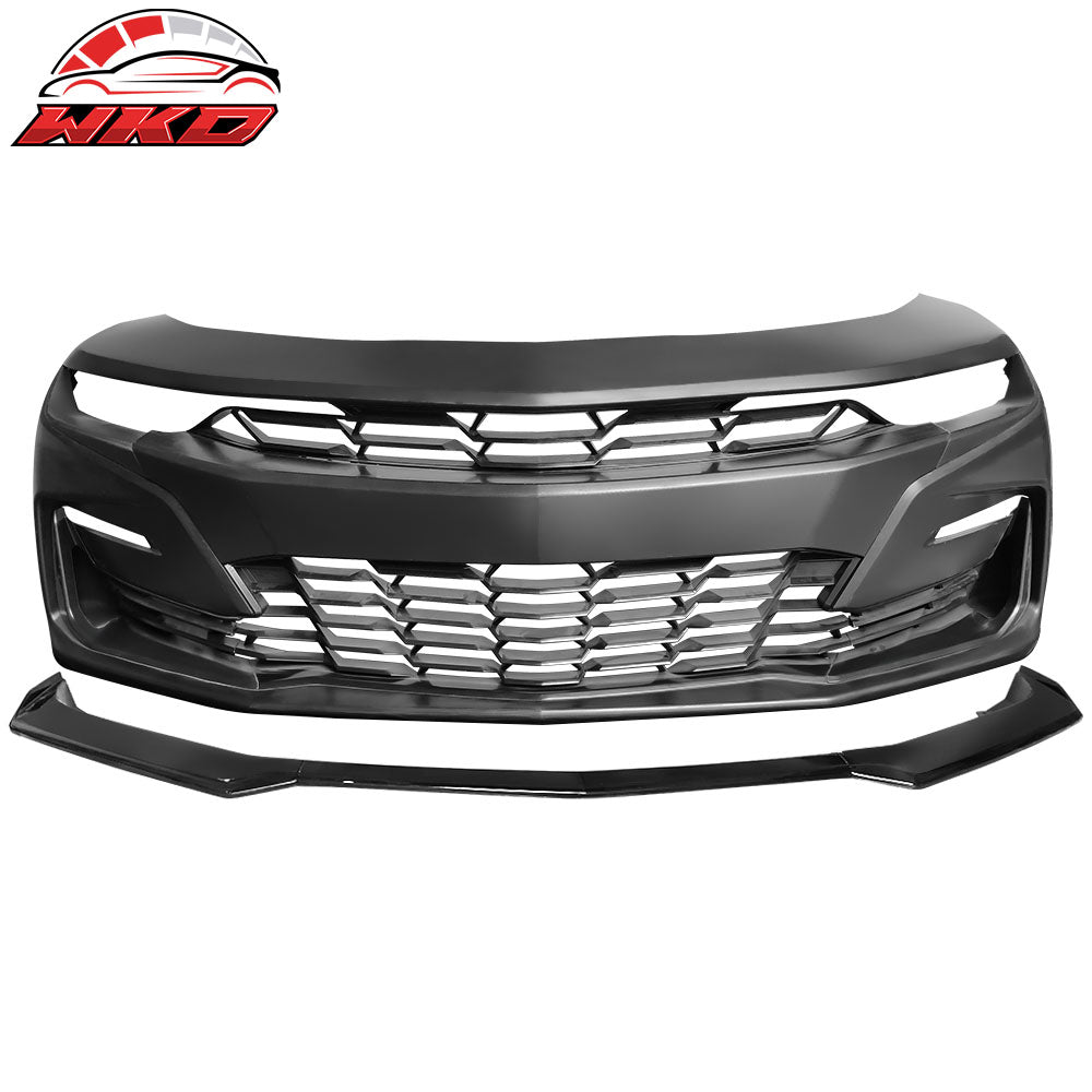 For 19-24 Camaro SS Style PP Front Bumper Cover Conversion DRL + Gloss Black Lip