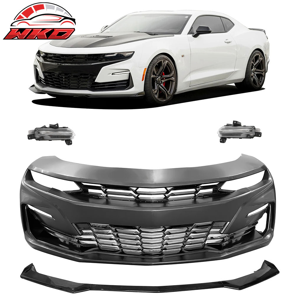 Fits 19-24 Chevy Camaro 19 SS Style Front Bumper Cover LED DRL + Gloss Black Lip