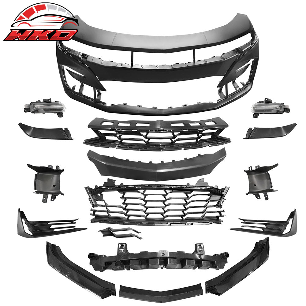 Fits 19-24 Chevy Camaro 19 SS Style Front Bumper Cover LED DRL + Gloss Black Lip