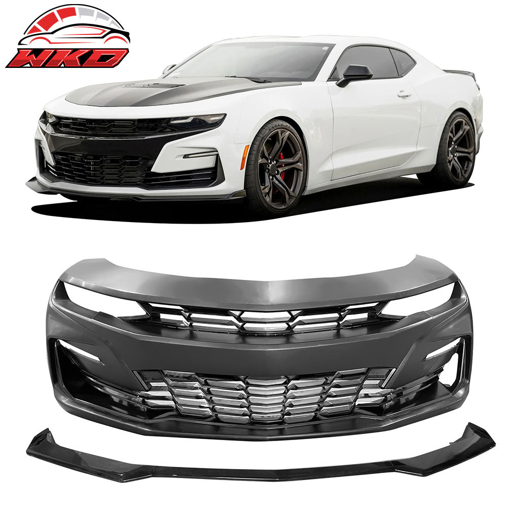 Fits 19-24 Chevy Camaro 19 SS Style Front Bumper Cover LED DRL + Gloss Black Lip