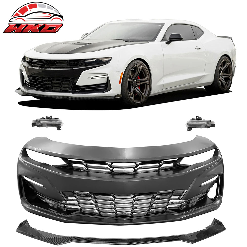 For 19-24 Camaro 19 SS Style Front Bumper Cover LED DRL + Carbon Fiber Print Lip