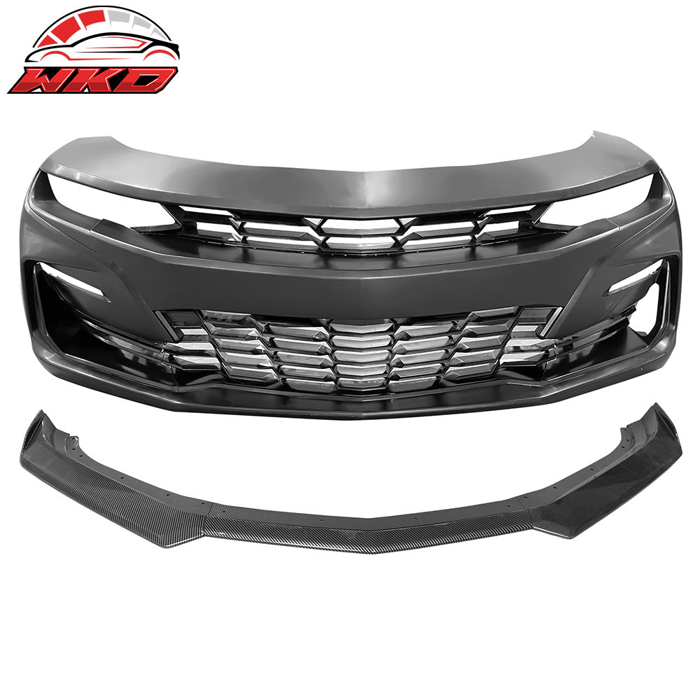 For 19-24 Camaro 19 SS Style Front Bumper Cover LED DRL + Carbon Fiber Print Lip