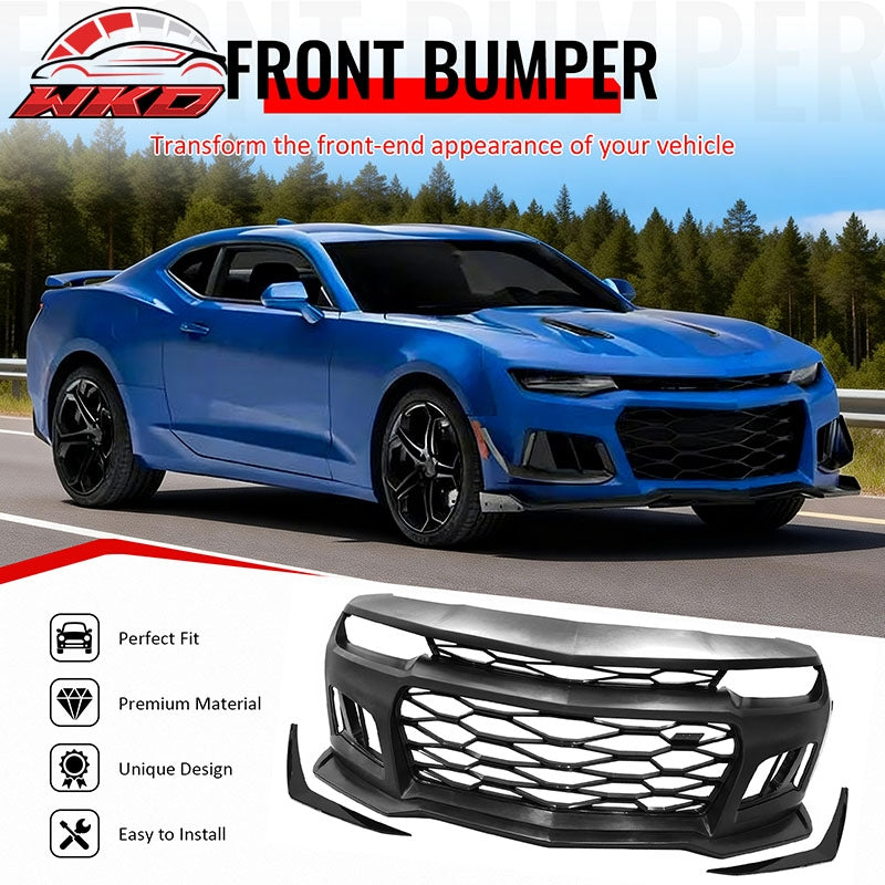 Fits 14-15 Camaro 5TH to 6TH Gen ZL1 Front Bumper Conversion Gloss Black Canards