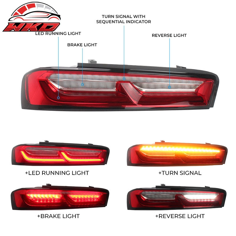 Fits 16-18 Chevy Camaro Sequential Turn Signal LED Tail Lights 2PC - Red Clear