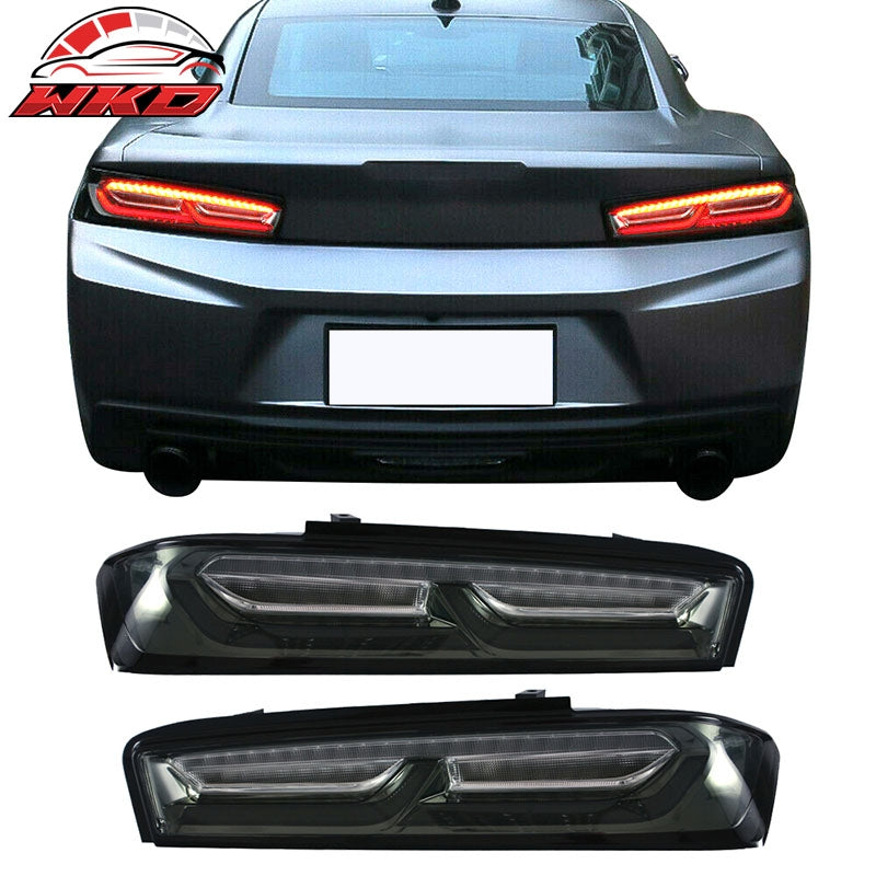 Fits 16-18 Chevy Camaro Sequential Turn Signal LED Tail Lights 2PC - Smoke Clear