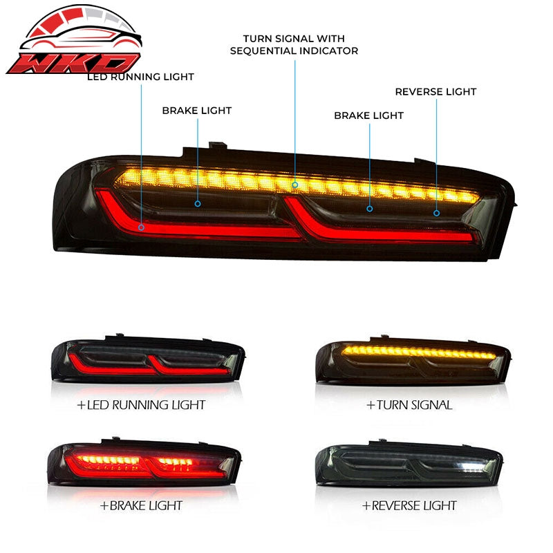Fits 16-18 Chevy Camaro Sequential Turn Signal LED Tail Lights 2PC - Smoke Clear