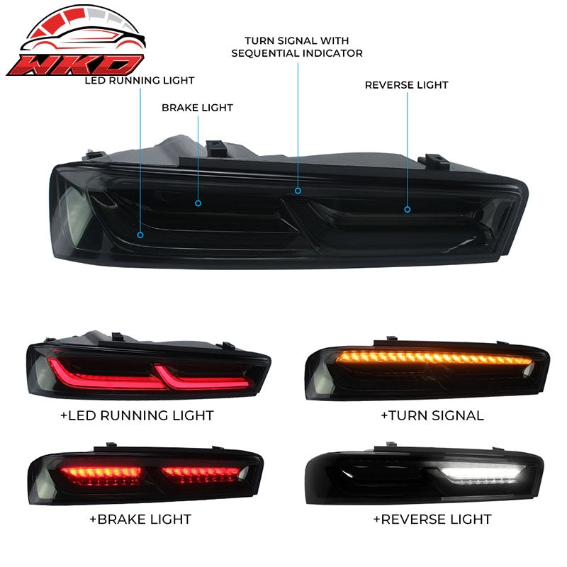 Fits 16-18 Chevy Camaro Sequential Turn Signal LED Tail Lights 2PC - Smoke