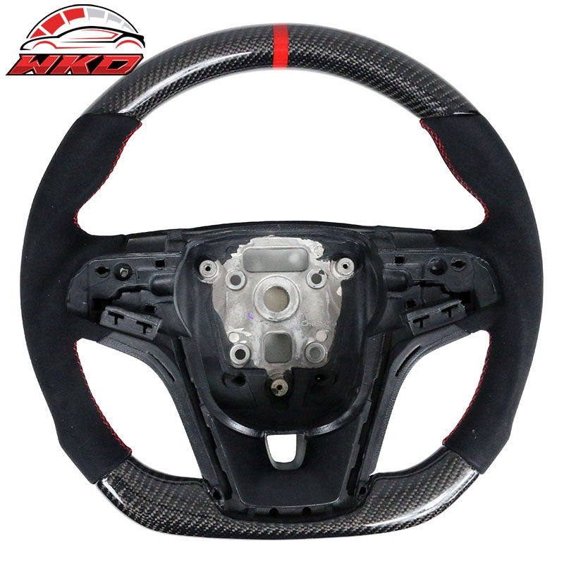 Fit 12-15 Camaro Steering Wheel Carbon Fiber Alcantara Red Stitch & Indicator