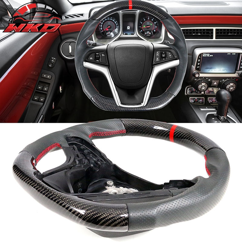 Fit 12-15 Chevy Camaro Carbon Fiber Steering Wheel w/ Red Stitch & Indicator