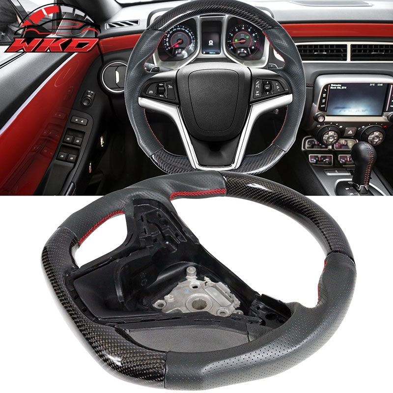 Fit 12-15 Chevy Camaro Steering Wheel Carbon Fiber Leather Red Stitch