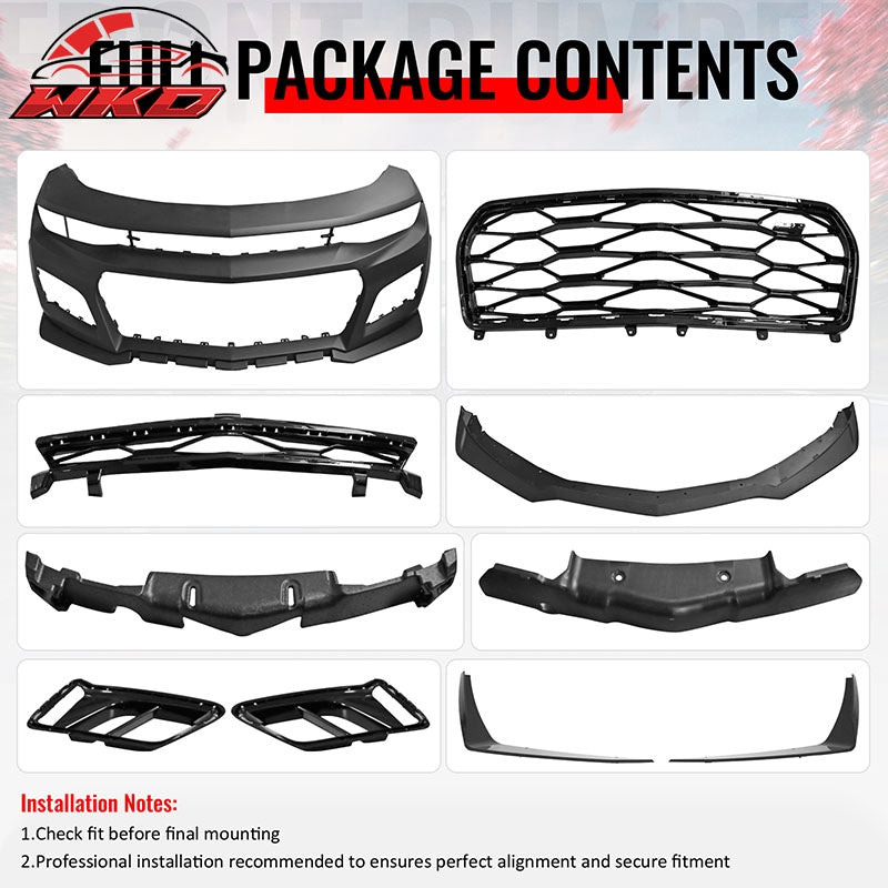 Fits 16-18 Chevrolet Camaro ZL1 Style Front Bumper Conversion Gloss Black Canard