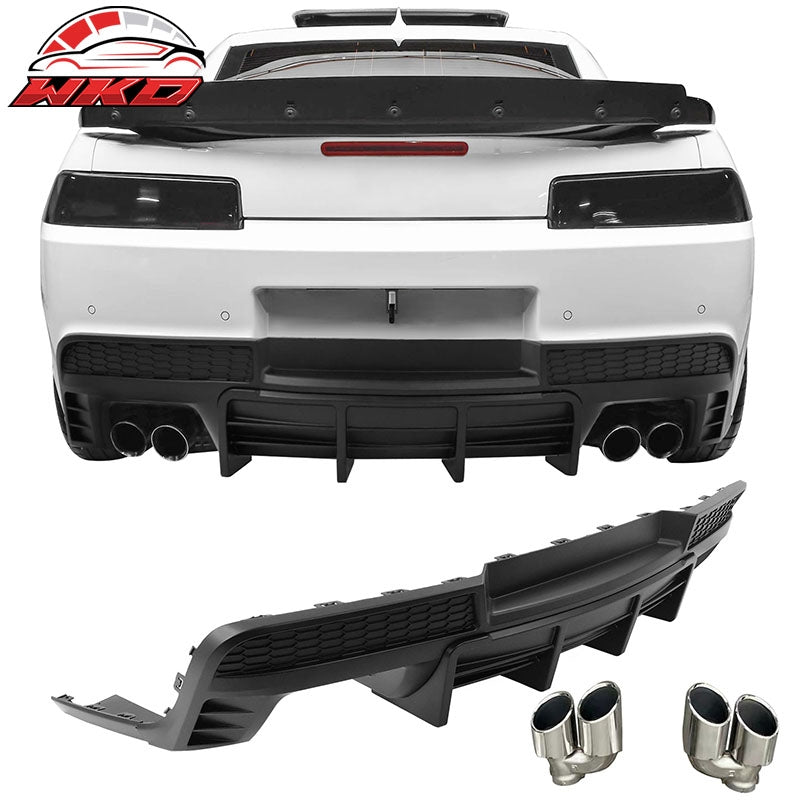 Fits 14-15 Chevy Camaro LT LS Ikon Matte Black Rear Diffuser + Quad Exhaust Tips