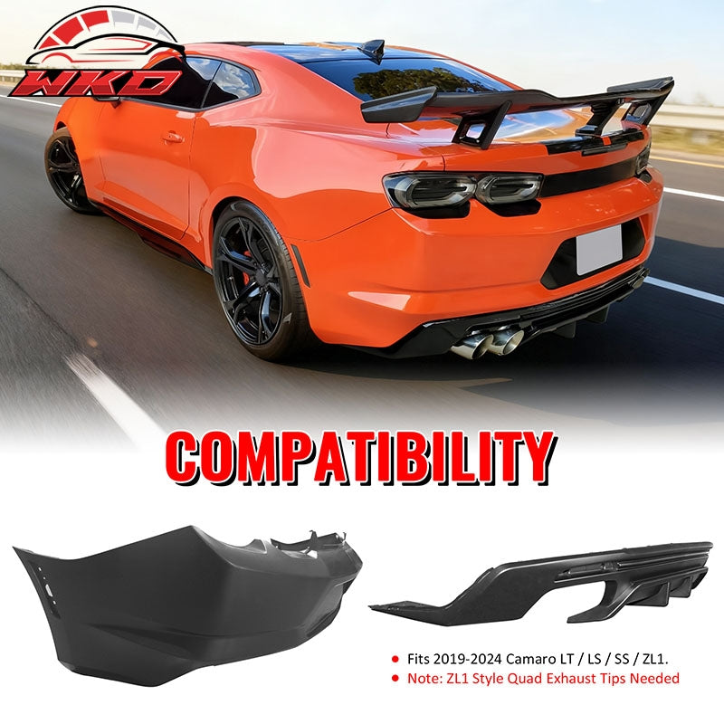 Fits 19-24 Chevy Camaro LT/LS/SS/ZL1 OE Style Rear Bumper Cover & Matte Diffuser