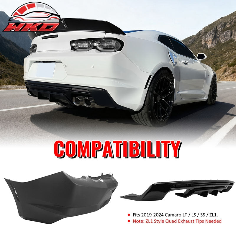Fits 19-24 Chevy Camaro LT/LS/SS/ZL1 OE Style Rear Bumper Cover & Gloss Diffuser