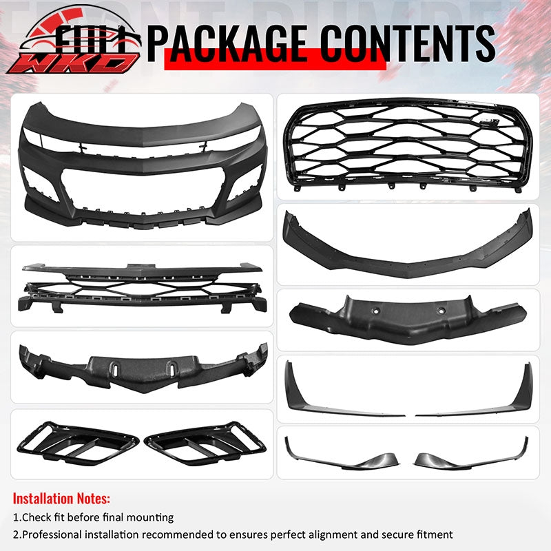Fits 19-24 Chevy Camaro ZL1 Front Bumper Cover Conversion Kit Gloss Black Canard