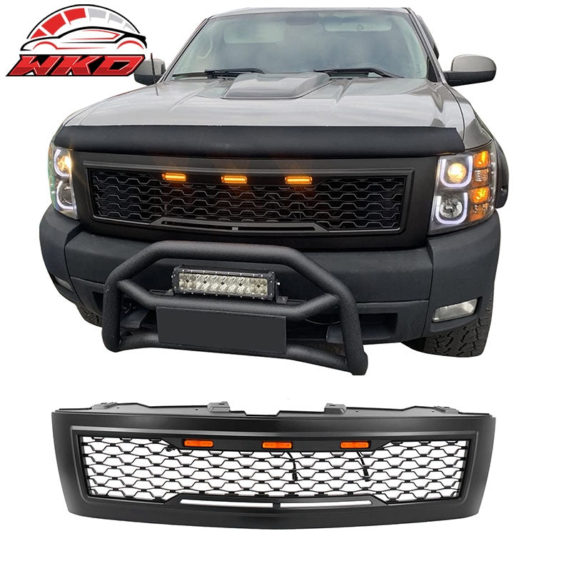 Wholesale 07-13 Chevy Silverado 1500 Matte Black Bumper Hood Mesh Grille Amber Light