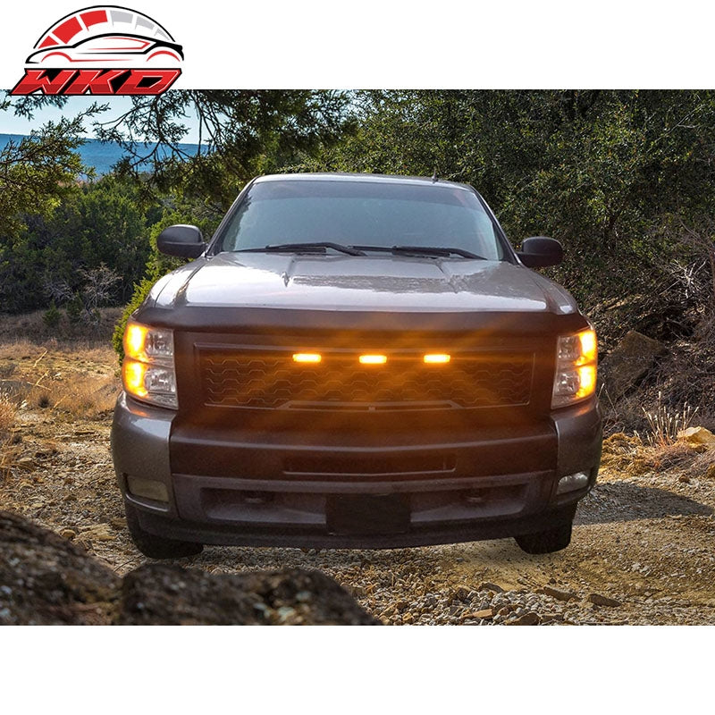 Fits 07-13 Chevy Silverado 1500 Matte Black Bumper Hood Mesh Grille Amber Light