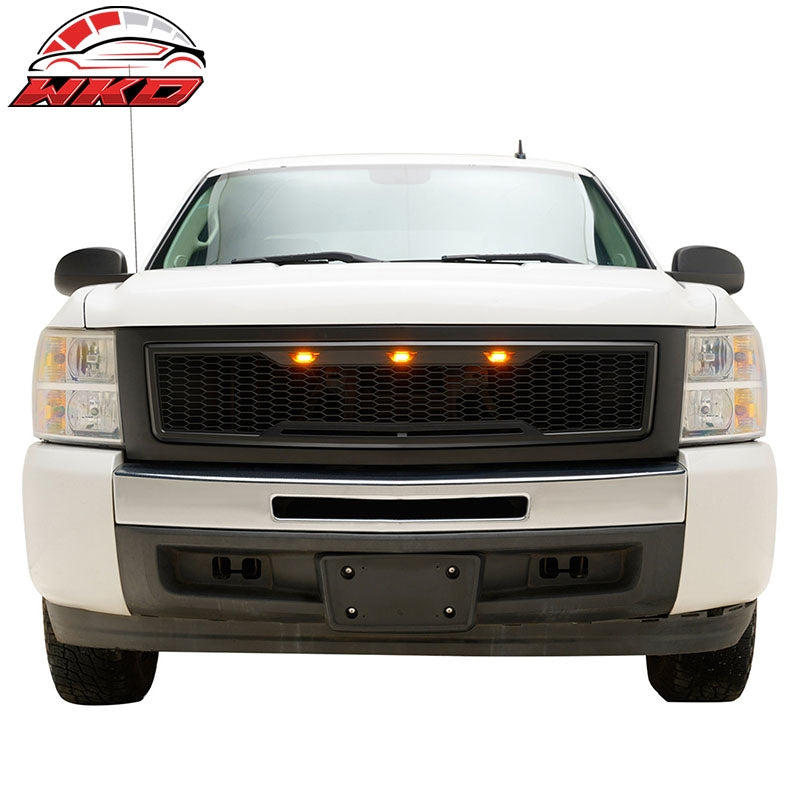 Fits 07-13 Chevy Silverado 1500 Matte Black Bumper Hood Mesh Grille Amber Light