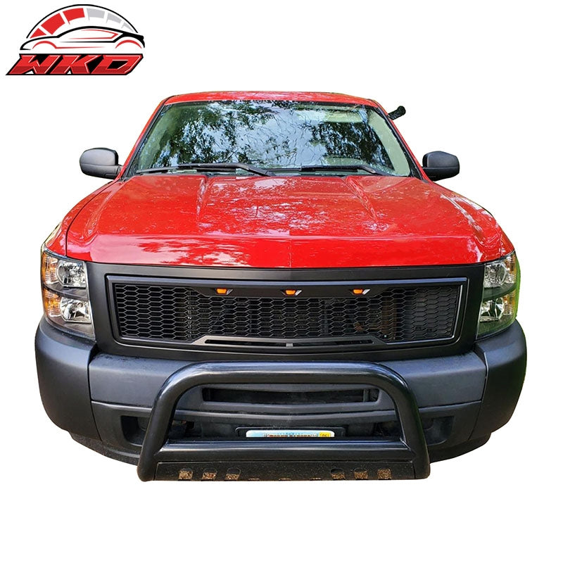 Fits 07-13 Chevy Silverado 1500 Matte Black Bumper Hood Mesh Grille Amber Light
