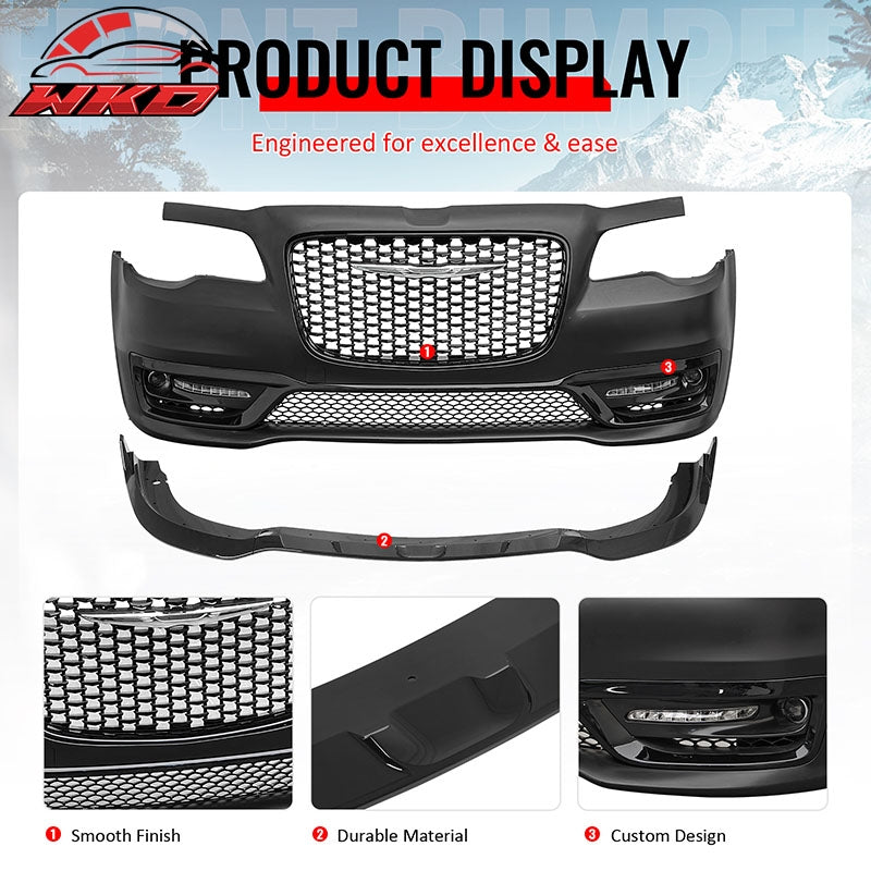 For 15-23 Chrysler 300 300S Style Front Bumper Cover Fog Lights Gloss Grille/Lip