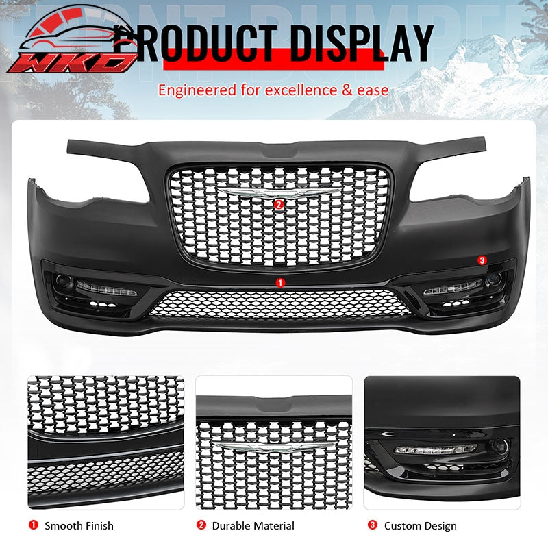 Fits 15-23 Chrysler 300 300S Style Front Bumper Cover w/ Fog Lights Matte Grille