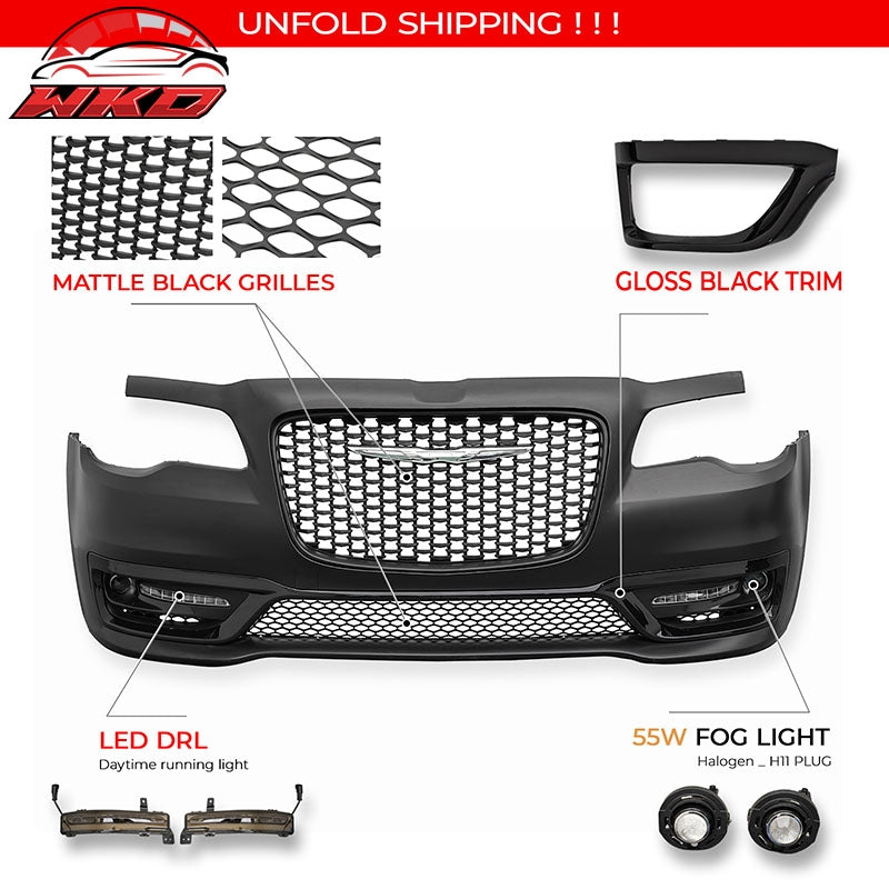 Fits 15-23 Chrysler 300 300S Style Front Bumper Cover w/ Fog Lights Matte Grille