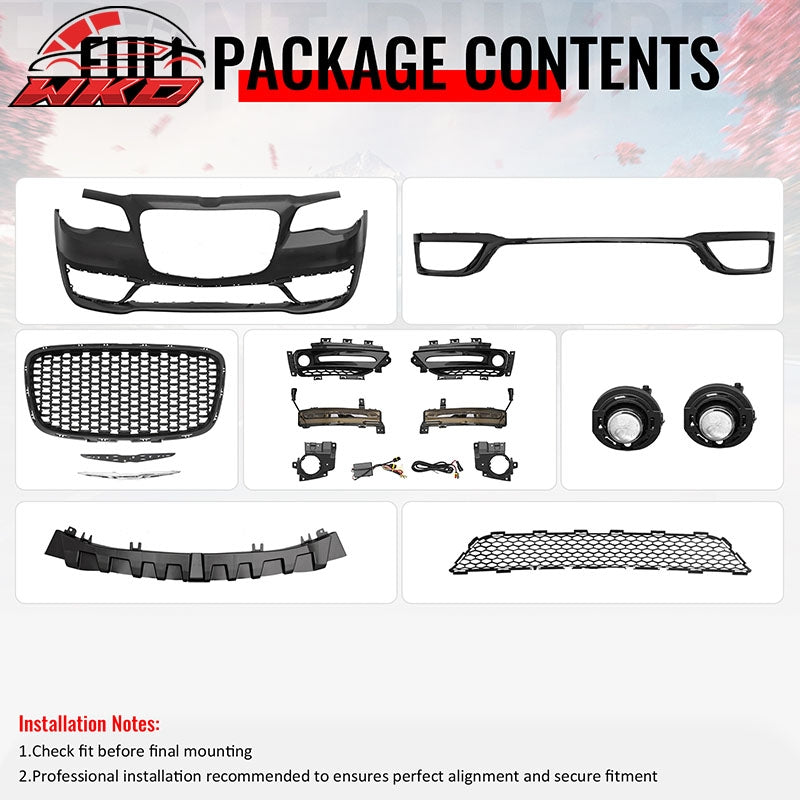 Fits 15-23 Chrysler 300 300S Style Front Bumper Cover w/ Fog Lights Matte Grille