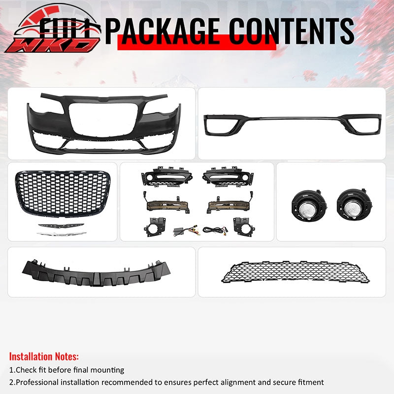 Fits 15-23 Chrysler 300 300S Style Front Bumper Cover w/ Fog Lights Gloss Grille