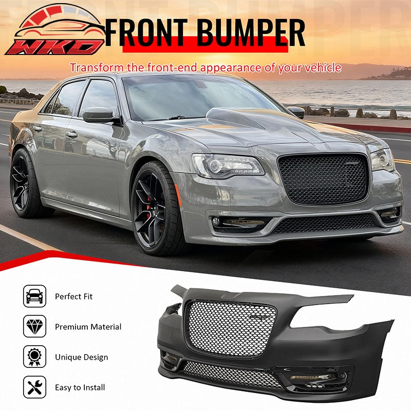 For 15-23 Chrysler 300 SRT Style Front Bumper Cover Fog Light Matte Black Grille