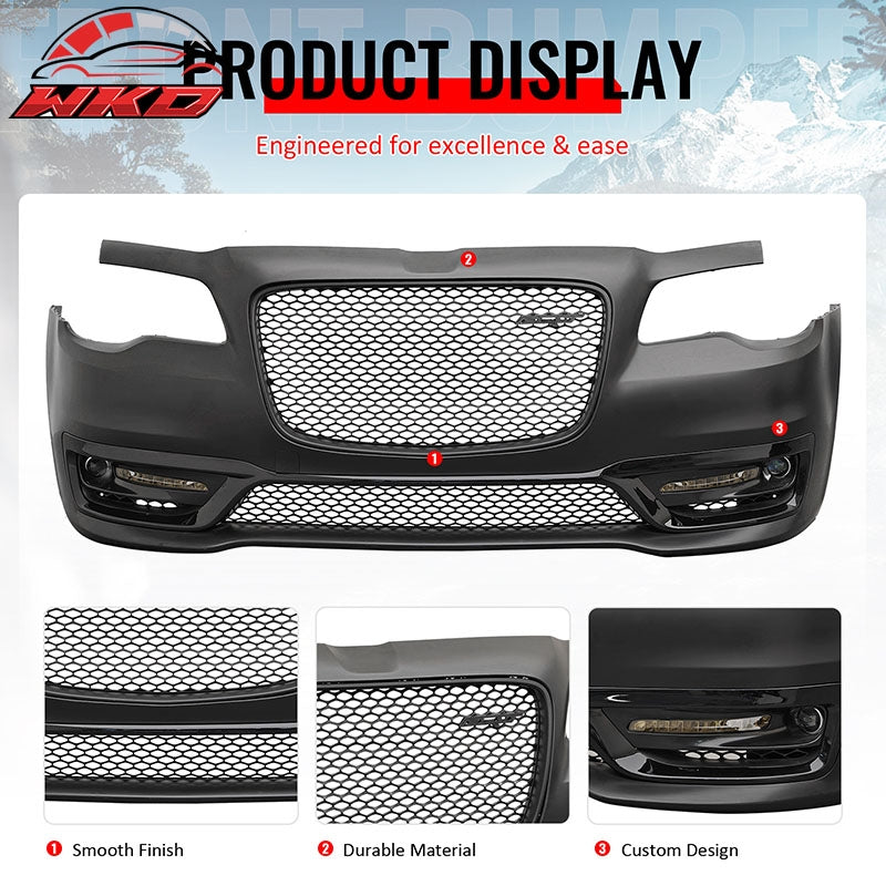 For 15-23 Chrysler 300 SRT Style Front Bumper Cover Fog Light Matte Black Grille
