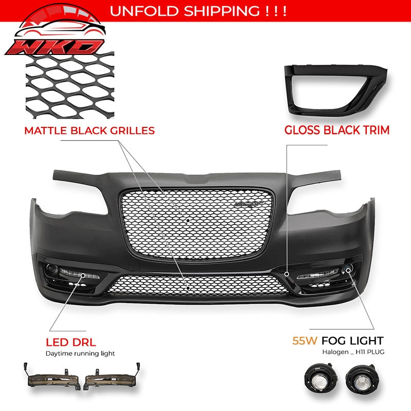 For 15-23 Chrysler 300 SRT Style Front Bumper Cover Fog Light Matte Black Grille