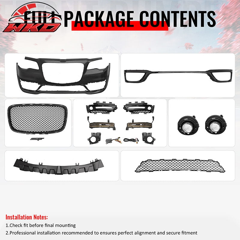 For 15-23 Chrysler 300 SRT Style Front Bumper Cover Fog Light Matte Black Grille