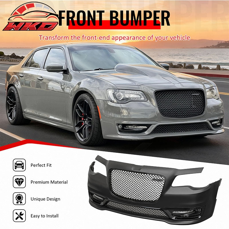 For 15-23 Chrysler 300 SRT Style Front Bumper Cover Fog Light Gloss Black Grille