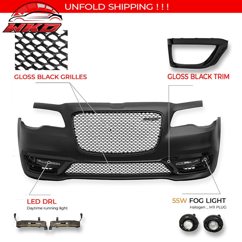 For 15-23 Chrysler 300 SRT Style Front Bumper Cover Fog Light Gloss Black Grille