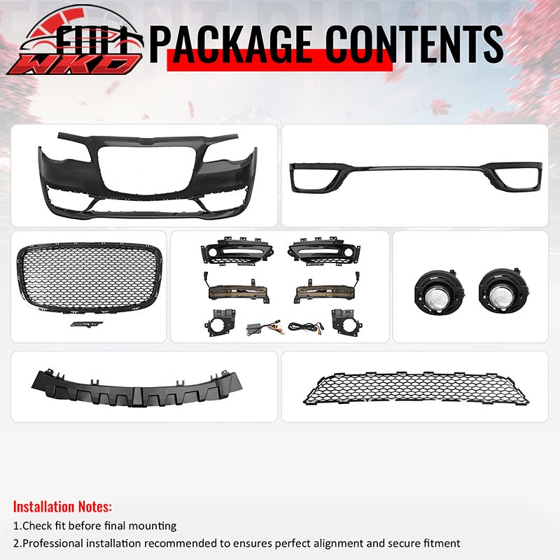 For 15-23 Chrysler 300 SRT Style Front Bumper Cover Fog Light Gloss Black Grille