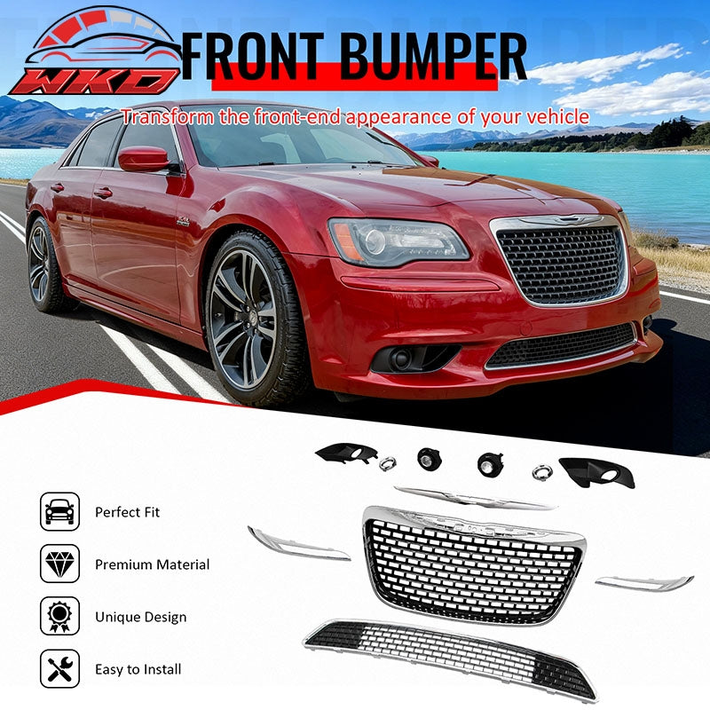 Fits 11-14 Chrysler 300 SRT8 Chrome& Gloss Black Front Grilles w/ Fog Lights
