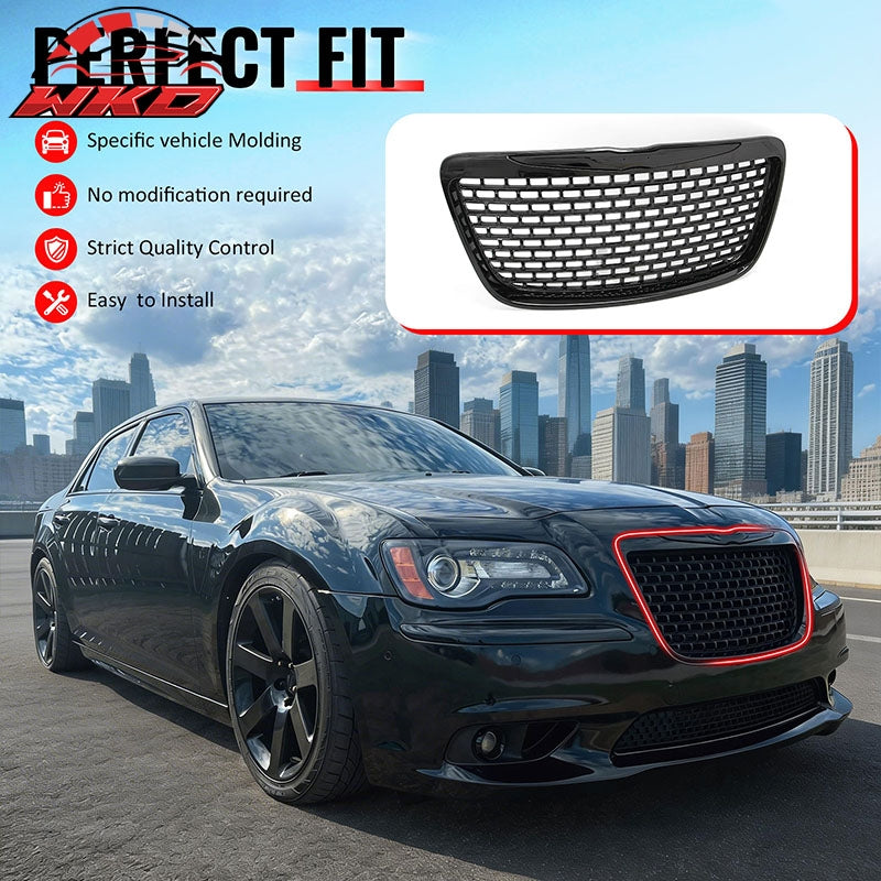 Fits 11-14 Chrysler 300 SRT8 Style Front Bumper Upper Grille Gloss Black ABS