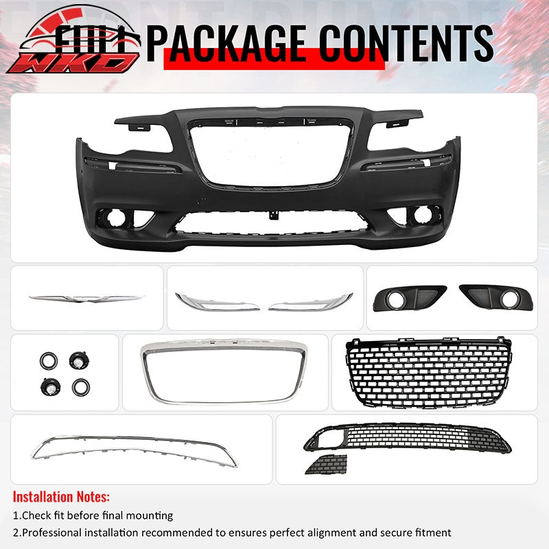 Fits 11-14 Chrysler 300 SRT8 Style Front Bumper w/ Chrome& Gloss Black Grille