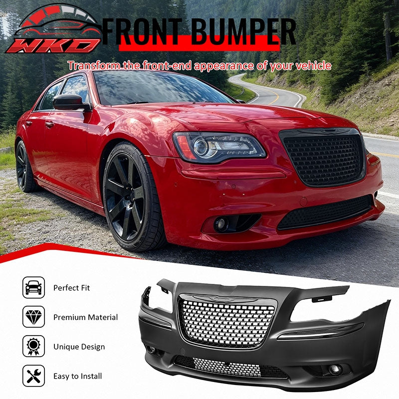 For 11-14 Chrysler 300 SRT8 Style Front Bumper w/ Gloss Black Grilles Fog Lights
