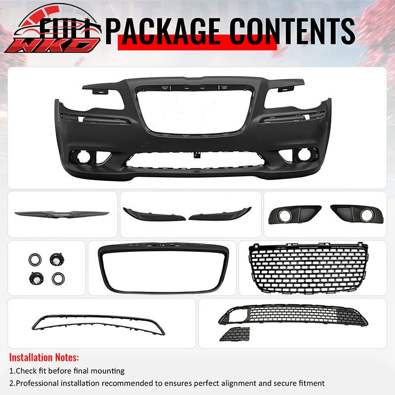 For 11-14 Chrysler 300 SRT8 Style Front Bumper w/ Gloss Black Grilles Fog Lights