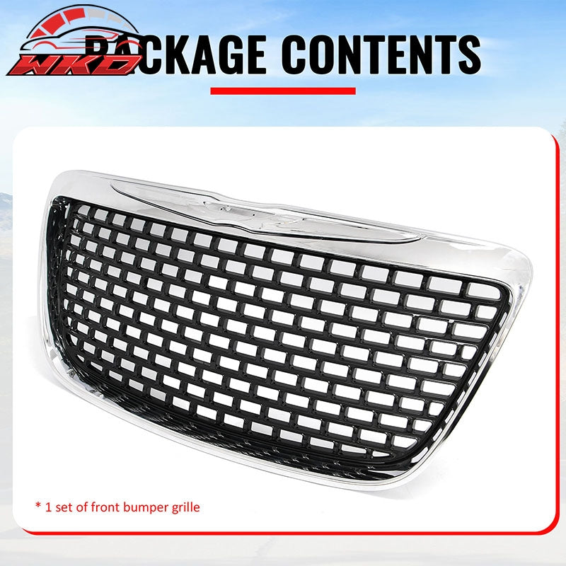 Fits 11-14 Chrysler 300 SRT8 Style Front Upper Grille Chrome& Gloss Black ABS