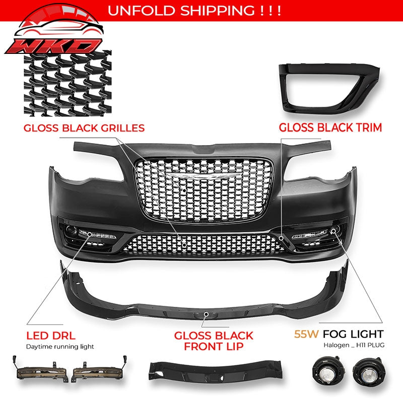 For 15-23 Chrysler 300 Sport Style Front Bumper Cover Fog Light Gloss Grille/Lip