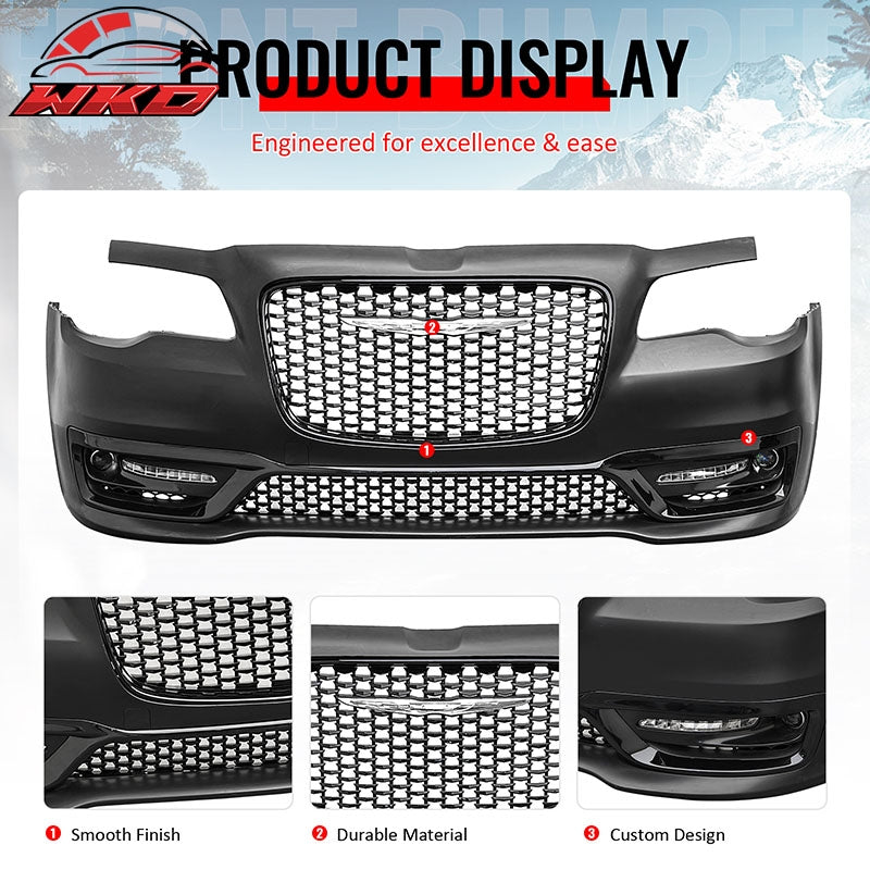 For 15-23 Chrysler 300 Sport Style Front Bumper Cover w/ Fog Lights Gloss Grille
