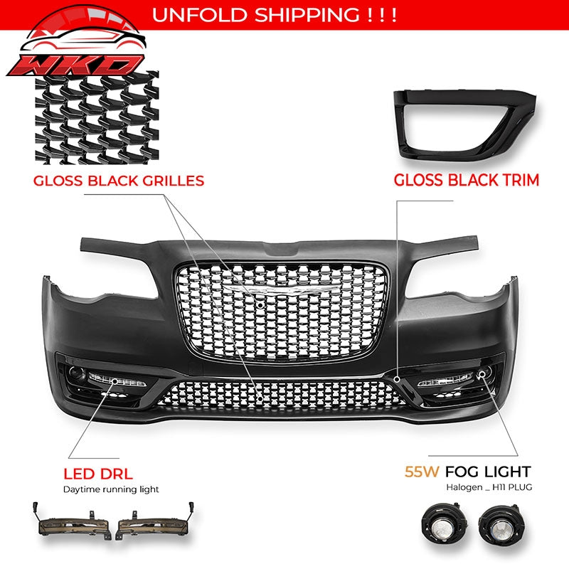For 15-23 Chrysler 300 Sport Style Front Bumper Cover w/ Fog Lights Gloss Grille