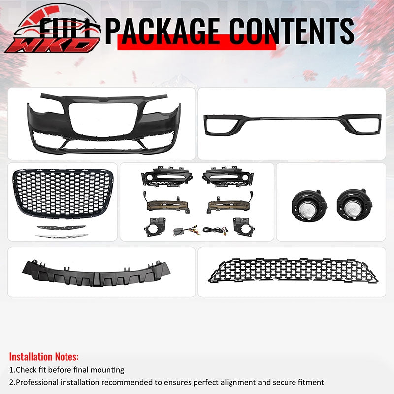 For 15-23 Chrysler 300 Sport Style Front Bumper Cover w/ Fog Lights Gloss Grille