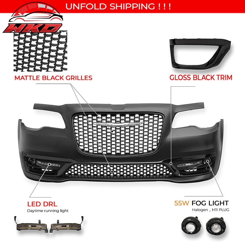 For 15-23 Chrysler 300 Sport Style Front Bumper Cover w/ Fog Lights Matte Grille