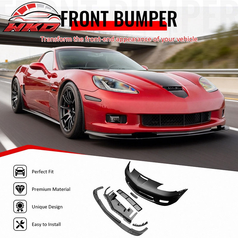 Fits 06-13 Corvette C6 Front Bumper Cover Z06 Style w/ Carbon Fiber Print Lip